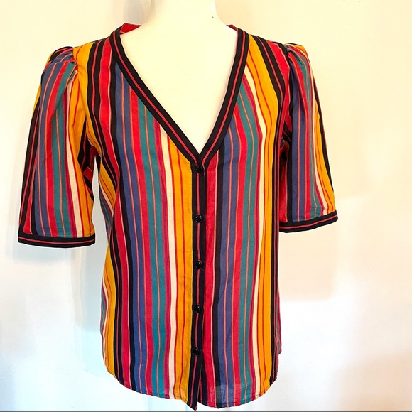 Miss O D by Oscar de la Renta cotton striped puff sleeve button down v neck - Picture 8 of 10